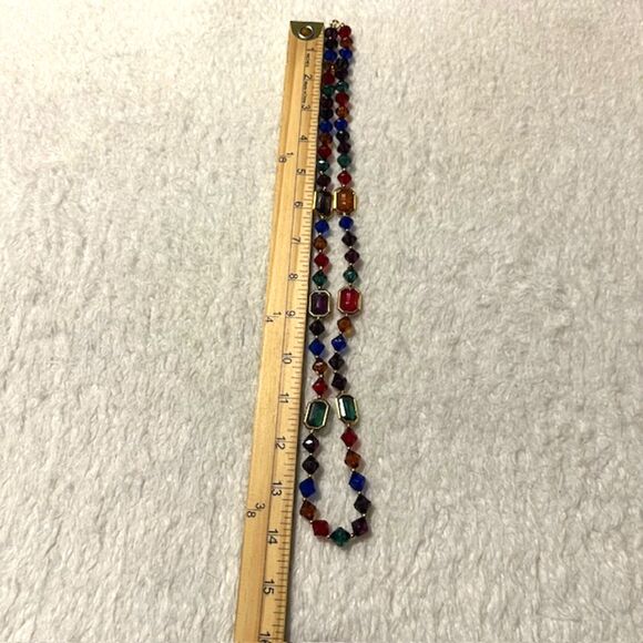 Multicolored Green Red Blue Faceted Gemstone Gold Tone Spacer Long Necklace - Picture 7 of 7